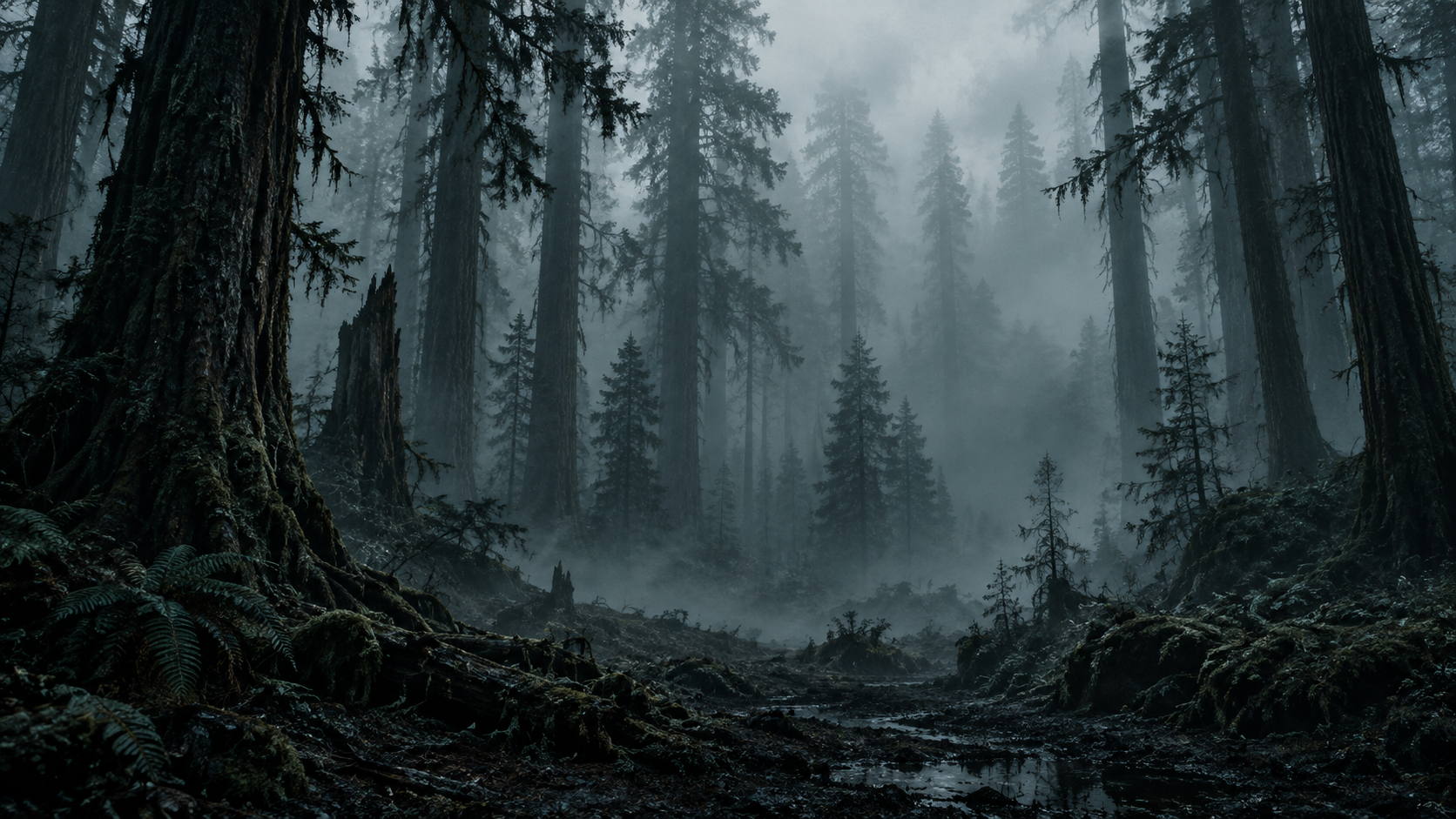 Ancient trees receding into cold forest fog
